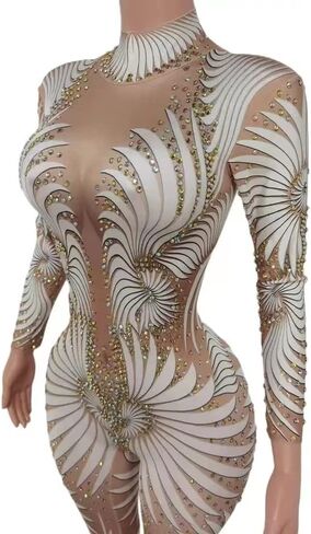 White Feather Printed Stones Tights Fitting Jumpsuit Woman Bodysuit Fashion Pole Dancing Performance Costumes in Saudi Arabia
