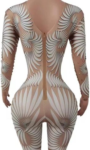 White Feather Printed Stones Tights Fitting Jumpsuit Woman Bodysuit Fashion Pole Dancing Performance Costumes in Saudi Arabia