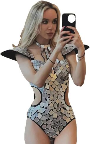 Earthradius LED Mirror Bodysuit Women Dance Costume GoloSilver Sequins Fly Shoulder Hollow Out RaveOutfit Stage in Saudi Arabia