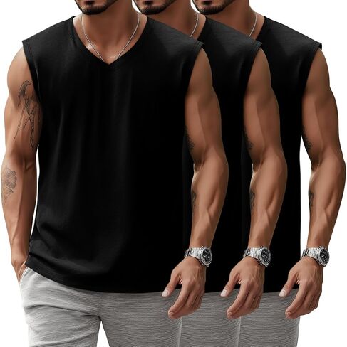 3 Pack Mens V Neck Tank Tops 95% Cotton Sleeveless Big and Tall Muscle Cut Off Shirts Gym Workout Tee in Kuwait