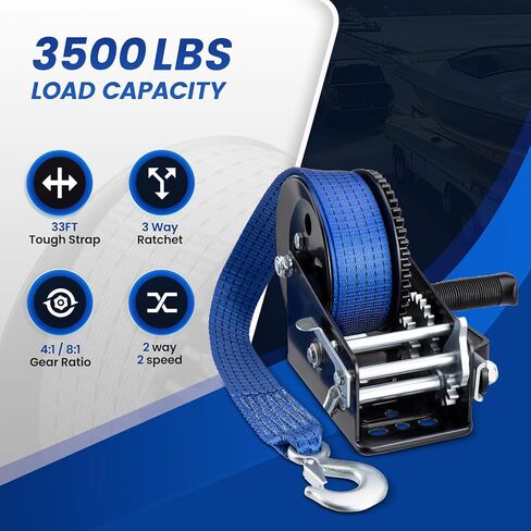 Heavy Duty Boat Trailer Winch 3500lbs Blue - 2-Way Ratchet with 4:1/8:1 Gear Ratio, 33 FT Strap - Portable Hand Crank Winch for Boat, Trailer, Truck, RV, ATV, Jet Ski in Saudi Arabia