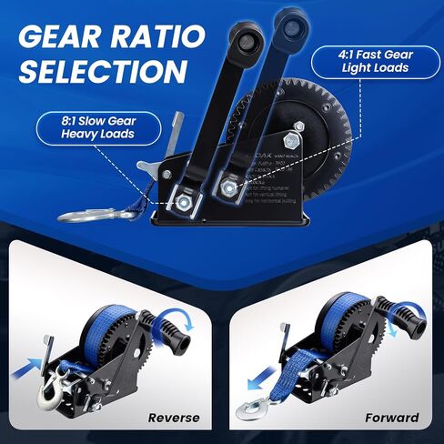 Heavy Duty Boat Trailer Winch 3500lbs Blue - 2-Way Ratchet with 4:1/8:1 Gear Ratio, 33 FT Strap - Portable Hand Crank Winch for Boat, Trailer, Truck, RV, ATV, Jet Ski in Saudi Arabia