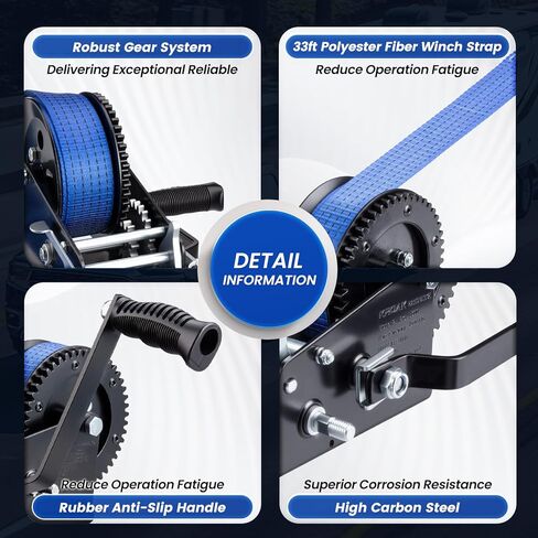 Heavy Duty Boat Trailer Winch 3500lbs Blue - 2-Way Ratchet with 4:1/8:1 Gear Ratio, 33 FT Strap - Portable Hand Crank Winch for Boat, Trailer, Truck, RV, ATV, Jet Ski in Saudi Arabia