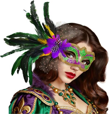 Mega-L Mask for Mardi Gras, Accessories for Women in Mardi Gras Festival, Feather Mask Outfit for Women, Perfect for Fat Tuesday Party Decorations, Carnival Parade Masks, Masquerade Party Favor in Saudi Arabia
