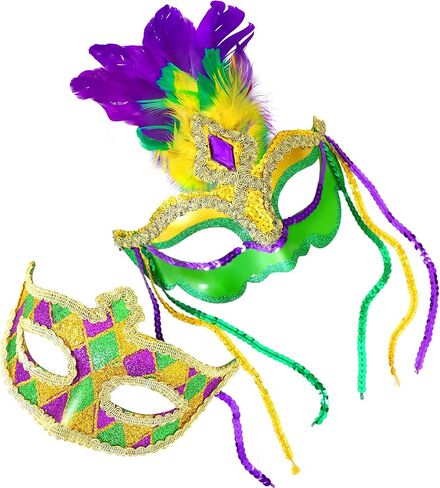 مجموعة أقنعة Mega-L مكونة من قطعتين لمجموعة Mardi Gras، زي قناع الريش للنساء والرجال، أقنعة إكسسوارات للأزواج في Mardi Gras، مثالية لديكورات حفلات الثلاثاء السمينة، موكب الكرنفال، هدايا الحفلات التنكرية in Saudi Arabia