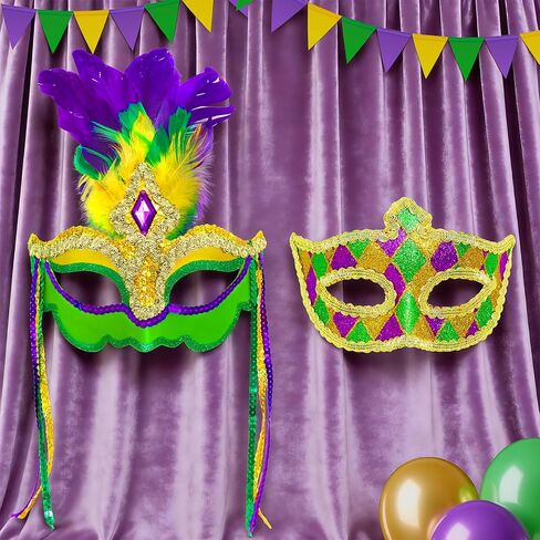 مجموعة أقنعة Mega-L مكونة من قطعتين لمجموعة Mardi Gras، زي قناع الريش للنساء والرجال، أقنعة إكسسوارات للأزواج في Mardi Gras، مثالية لديكورات حفلات الثلاثاء السمينة، موكب الكرنفال، هدايا الحفلات التنكرية in Saudi Arabia