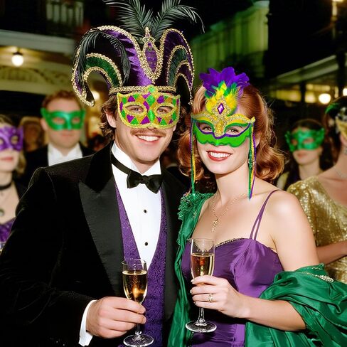 مجموعة أقنعة Mega-L مكونة من قطعتين لمجموعة Mardi Gras، زي قناع الريش للنساء والرجال، أقنعة إكسسوارات للأزواج في Mardi Gras، مثالية لديكورات حفلات الثلاثاء السمينة، موكب الكرنفال، هدايا الحفلات التنكرية in Saudi Arabia