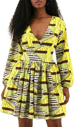 jascaela Womens Sexy V Neck African Print Dashiki Dress Long Lantern Sleeve Short Swing Dress Party Club in Kuwait