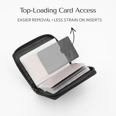 Zip Around Leather Card Wallet with Inserts - RFID Blocking Credit Card Organizer with 20 Sleeves, Top-Loading Card Access, ID Window & Bill Compartment - Genuine Cow Leather (Black) in Saudi Arabia