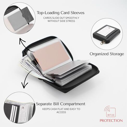 Zip Around Leather Card Wallet with Inserts - RFID Blocking Credit Card Organizer with 20 Sleeves, Top-Loading Card Access, ID Window & Bill Compartment - Genuine Cow Leather (Black) in Saudi Arabia