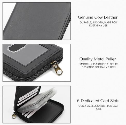 Zip Around Leather Card Wallet with Inserts - RFID Blocking Credit Card Organizer with 20 Sleeves, Top-Loading Card Access, ID Window & Bill Compartment - Genuine Cow Leather (Black) in Saudi Arabia
