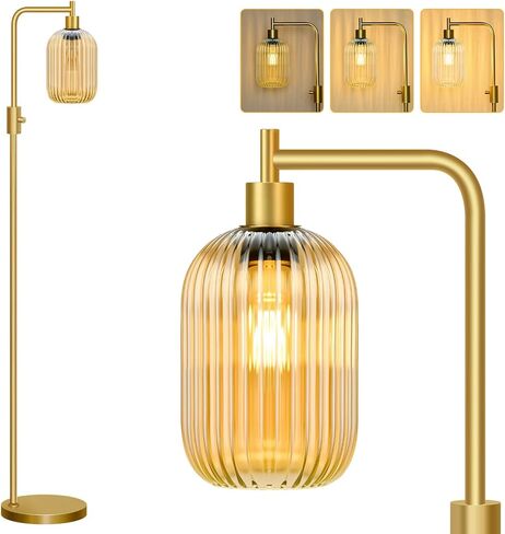 【Upgraded】 Dimmable Glass Floor Lamp for Living Room, Modern Gold Standing Lamp with Green Ribbed Glass Lampshade & Knob Dimmer, Arc Tall Lamp for Bedroom Office Reading Room, 2700K Led Bulb Included in Saudi Arabia