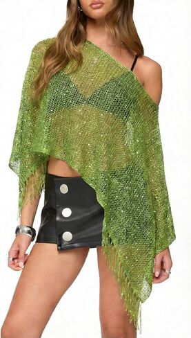 Women Sheer Poncho Top Glitter Mesh Lightweight Knit Crochet Shrug Y2K Batwing Sleeve Sweater Cover Up Beachwear in Saudi Arabia