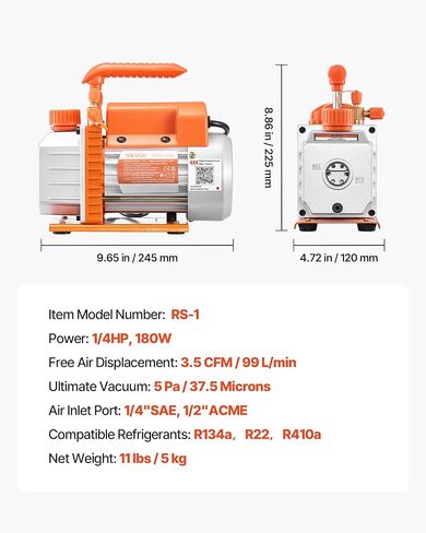 VEVOR Vacuum Pump, 3.5 CFM 1/4 HP, HVAC Single Stage Rotary Vane AC Vacuum Pump, for R134a R22 R410a Systems, 4 Pole Motor, for Automotive Air Conditioner Maintenance Resin Degassing, Oil Included in Saudi Arabia