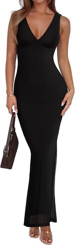 REORIA Women's Summer V Neck Sleeveless Wedding Guest Maxi Dress Sexy Mesh Bodycon Long Dresses in Kuwait