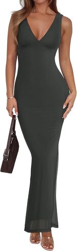 REORIA Women's Summer V Neck Sleeveless Wedding Guest Maxi Dress Sexy Mesh Bodycon Long Dresses in Kuwait