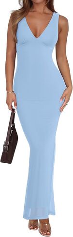 REORIA Women's Summer V Neck Sleeveless Wedding Guest Maxi Dress Sexy Mesh Bodycon Long Dresses in Kuwait