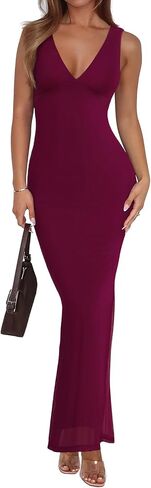 REORIA Women's Summer V Neck Sleeveless Wedding Guest Maxi Dress Sexy Mesh Bodycon Long Dresses in Kuwait