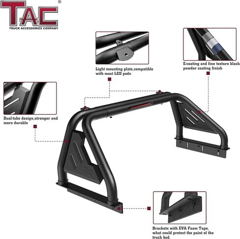 TAC T1 Roll Bar Sport Bar متوافق مع 2007-2018 سيلفرادو/سييرا 1500 | 2007-2019 سيلفرادو/سييرا 2500/3500 شاحنة كاملة الحجم | مع ضوء الفرامل| الكربون الصلب الأسود (تشمل لوحة جبل من ضوء LED) in Kuwait