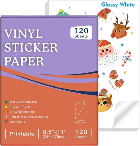 30 Sheets Premium Printable Vinyl Sticker Paper for Inkjet Printer, Glossy White Waterproof, Dries Quickly, Vivid Colors, Tear Resistant, 8.5x11 Inkjet Vinyl Sticker Paper Great for Cutting Machines in Saudi Arabia