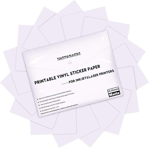 ورق ملصقات الفينيل الفاخر القابل للطباعة من JANDJPACKAGING - للطابعات النافثة للحبر والليزر - 55 عبوة من الفينيل الأبيض اللامع القابل للطباعة النافثة للحبر - يجف بسرعة ويحمل الحبر بشكل جميل in Kuwait