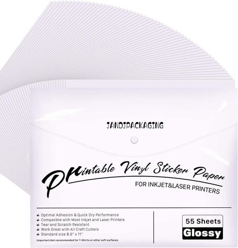 ورق ملصقات الفينيل الفاخر القابل للطباعة من JANDJPACKAGING - للطابعات النافثة للحبر والليزر - 55 عبوة من الفينيل الأبيض اللامع القابل للطباعة النافثة للحبر - يجف بسرعة ويحمل الحبر بشكل جميل in Kuwait