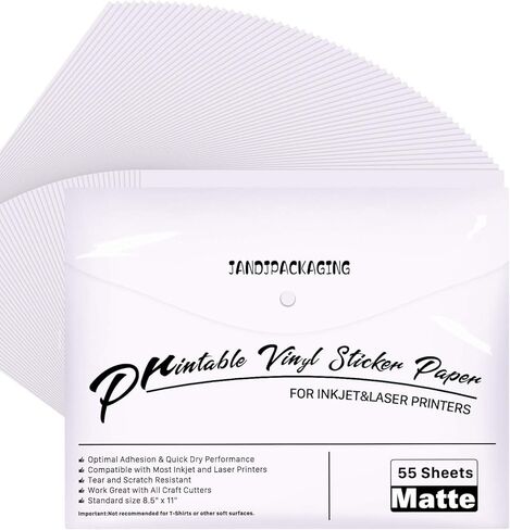 ورق ملصقات الفينيل الفاخر القابل للطباعة من JANDJPACKAGING - للطابعات النافثة للحبر والليزر - 55 عبوة من الفينيل الأبيض اللامع القابل للطباعة النافثة للحبر - يجف بسرعة ويحمل الحبر بشكل جميل in Kuwait