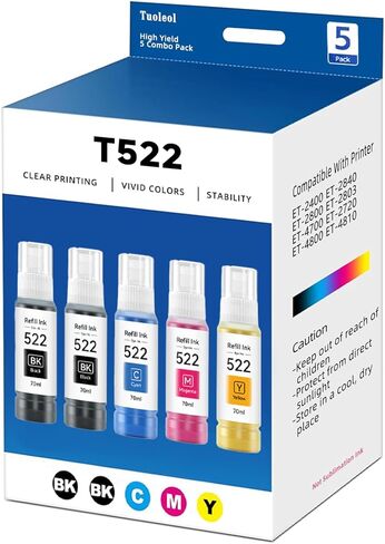 522 Ink Refill Bottles Replacement for Epson 522 Ink Refill Bottle Compatible with EcoTank ET-2800 ET-4800 ET-2400 ET-2803 ET-2720 ET-4700 ET-4810 Black Color 5 Pack（not Sublimation Ink in Saudi Arabia
