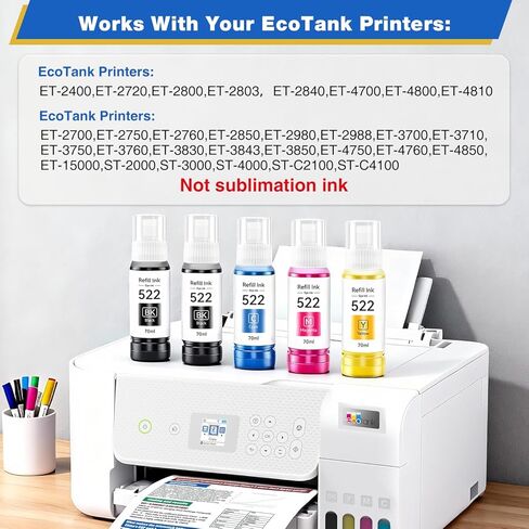 522 Ink Refill Bottles Replacement for Epson 522 Ink Refill Bottle Compatible with EcoTank ET-2800 ET-4800 ET-2400 ET-2803 ET-2720 ET-4700 ET-4810 Black Color 5 Pack（not Sublimation Ink in Saudi Arabia