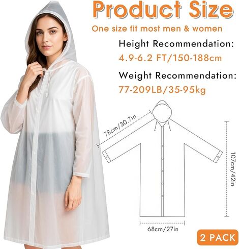2 Pack Rain Coat, Rain Coats for Women, Ponchos Adult, Rain Poncho, Raincoat, Clear Rain Jacket for Camping, Hiking in Saudi Arabia