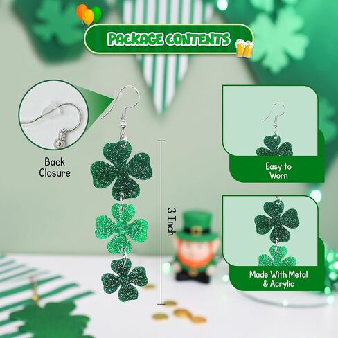 4E's Novelty St Patricks Day Large Acrylic Green Shamrock Earrings for Women - Cute Sparkly Lucky Clover St Pats Earrings, St Patricks Day Accesories for Women, Green St Patty Day Dangle Shamrock Accessories in Saudi Arabia