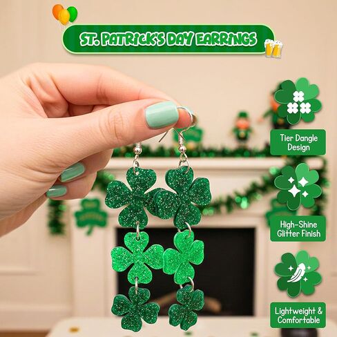 4E's Novelty St Patricks Day Large Acrylic Green Shamrock Earrings for Women - Cute Sparkly Lucky Clover St Pats Earrings, St Patricks Day Accesories for Women, Green St Patty Day Dangle Shamrock Accessories in Saudi Arabia