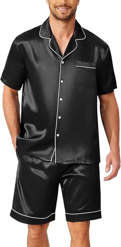 Ekouaer Mens Pajamas Set Silk Satin Sleepwear Short Sleeve Button Down Pjs Set 2 Piece Loungewear with Pockets S-XXL in Saudi Arabia