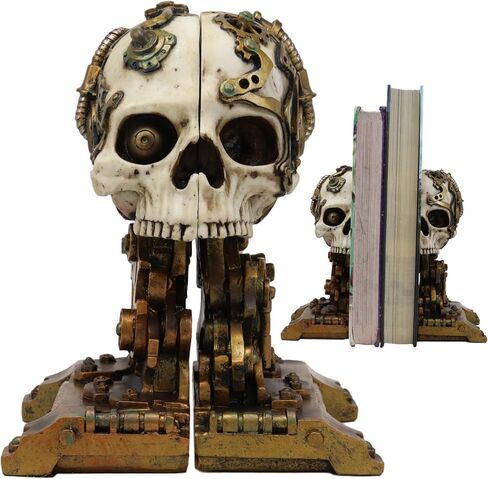 Ebros Gift Cyborg Robotic Gearwork Factory Steampunk Skull Cranium Head Bookends Set of 2 Figurine Collectible Statue Ossuary Halloween Macabre Skulls Accent Decor in Saudi Arabia