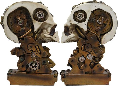 Ebros Gift Cyborg Robotic Gearwork Factory Steampunk Skull Cranium Head Bookends Set of 2 Figurine Collectible Statue Ossuary Halloween Macabre Skulls Accent Decor in Saudi Arabia