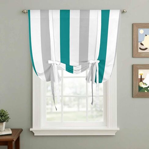 Teal Grey Striped Tie Up Curtains for Window, Geometric Vertical Stripes Minimalist Thermal Insulated Balloon Shade Adjustable Rod Pocket Curtains Valance Panels for Kitchen Bathroom Café 34'' x 45'' in Saudi Arabia