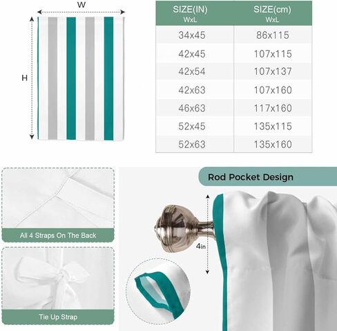 Teal Grey Striped Tie Up Curtains for Window, Geometric Vertical Stripes Minimalist Thermal Insulated Balloon Shade Adjustable Rod Pocket Curtains Valance Panels for Kitchen Bathroom Café 34'' x 45'' in Saudi Arabia