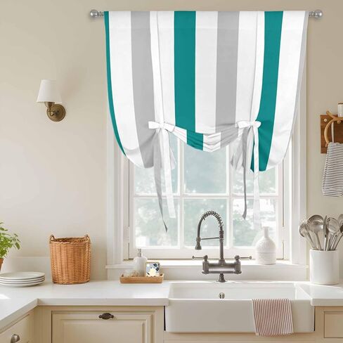 Teal Grey Striped Tie Up Curtains for Window, Geometric Vertical Stripes Minimalist Thermal Insulated Balloon Shade Adjustable Rod Pocket Curtains Valance Panels for Kitchen Bathroom Café 34'' x 45'' in Saudi Arabia