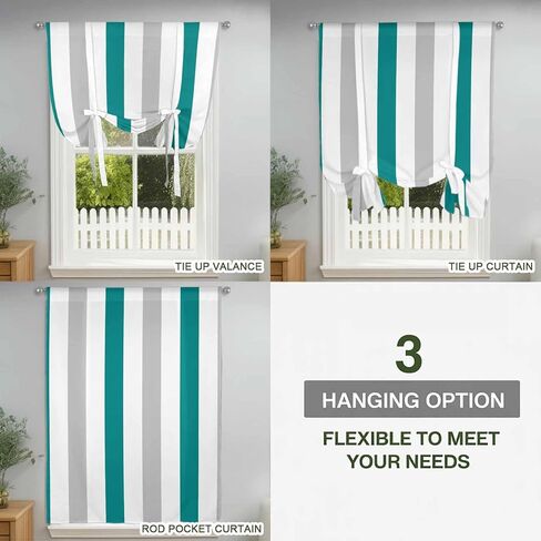 Teal Grey Striped Tie Up Curtains for Window, Geometric Vertical Stripes Minimalist Thermal Insulated Balloon Shade Adjustable Rod Pocket Curtains Valance Panels for Kitchen Bathroom Café 34'' x 45'' in Saudi Arabia