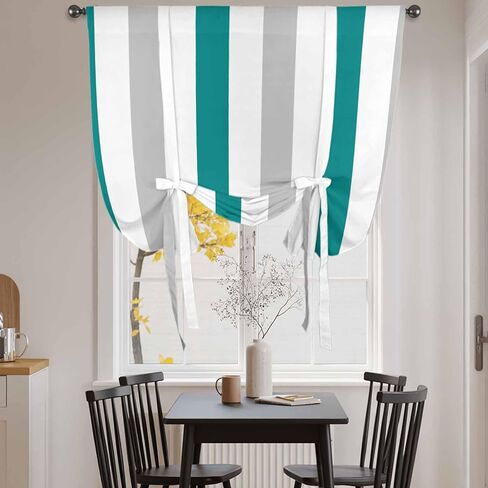 Teal Grey Striped Tie Up Curtains for Window, Geometric Vertical Stripes Minimalist Thermal Insulated Balloon Shade Adjustable Rod Pocket Curtains Valance Panels for Kitchen Bathroom Café 34'' x 45'' in Saudi Arabia