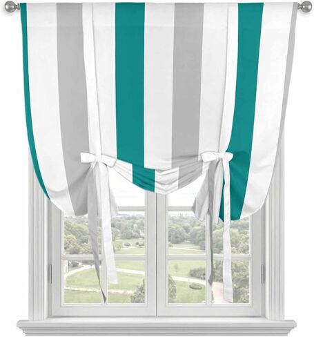 Teal Grey Striped Tie Up Curtains for Window, Geometric Vertical Stripes Minimalist Thermal Insulated Balloon Shade Adjustable Rod Pocket Curtains Valance Panels for Kitchen Bathroom Café 34'' x 45'' in Saudi Arabia