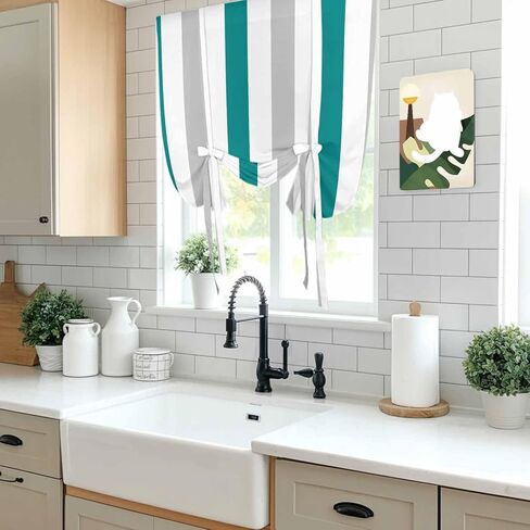 Teal Grey Striped Tie Up Curtains for Window, Geometric Vertical Stripes Minimalist Thermal Insulated Balloon Shade Adjustable Rod Pocket Curtains Valance Panels for Kitchen Bathroom Café 34'' x 45'' in Saudi Arabia