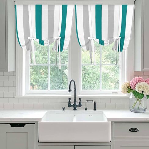 Teal Grey Striped Tie Up Curtains for Window, Geometric Vertical Stripes Minimalist Thermal Insulated Balloon Shade Adjustable Rod Pocket Curtains Valance Panels for Kitchen Bathroom Café 34'' x 45'' in Saudi Arabia
