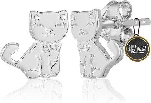 Mystigold Cat Stud Earrings 925 Sterling Silver Plated Rhodium and 18K Gold Plated I Hypoallergenic Earrings I Cute adorable cat earrings I Gift for Cat Lovers I Proud cat mom earrings I Stud earrings for teen girls I Animal Jewelry Gift for Women in Saudi Arabia