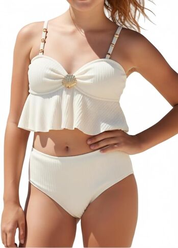 Girl's Cute Two Piece Bikini Sets Ruffle Peplum Shell High Waisted Ribbed Swimsuit Textured Kids Tankini in Saudi Arabia