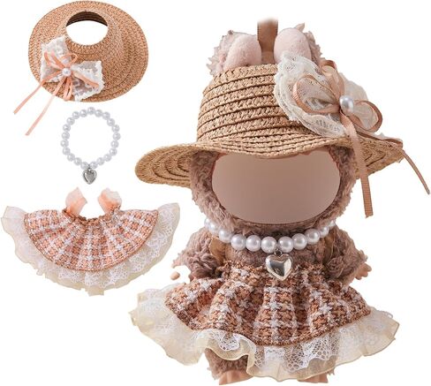 مجموعة ملابس الدمية ل Labubu ، ملابس وملحقات Khaki القديمة على الطراز الأوروبي - قبعة ، فستان ، قلادة ، دمى 17 سم (دمية غير متضمنة) in Kuwait