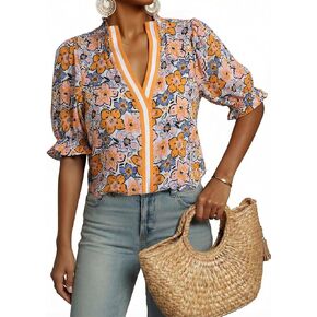 Dokotoo Women's Summer Boho Floral Ruffle Shirt Puff Short Sleeve V Neck Casual Trendy Cute Blouse Tops in Saudi Arabia