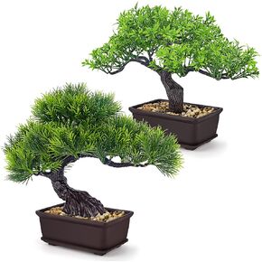 Der Rose 2Pcs Small Fake Plants Artificial Bonsai Tree Set Ficus and Cedar for Office Desk Shelf Room Home Zen Decor Indoor in Kuwait