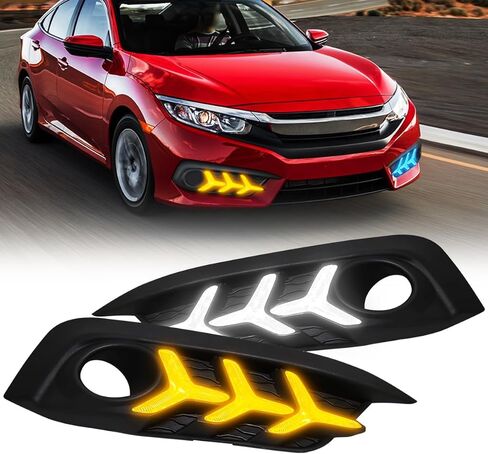 Daytime Running Lights For Honda Civic 10th Gen Sedan 2016 2017 2018 Fog Light 3 Colors DRL Amber Turn Signal Lamps LED Driving light Fish Bone Style in Saudi Arabia
