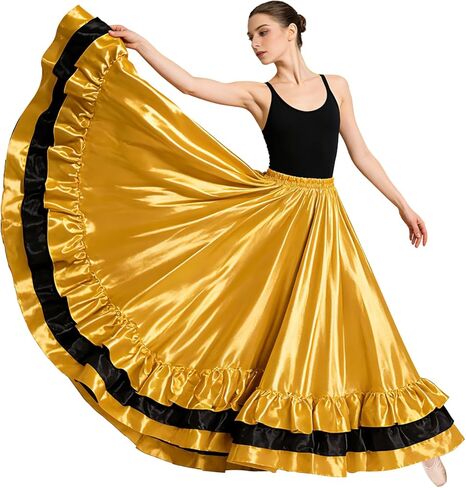 Women Flamenco Ruffle Satin Full Long Skirt Maxi Spanish Folklorico Dress for Belly Dance Performances Costume in Saudi Arabia